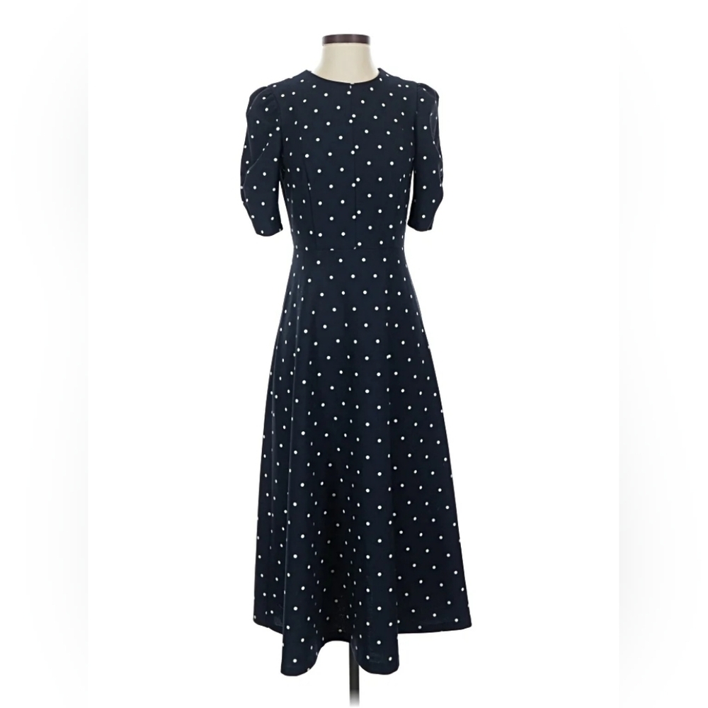 NWT DKNY by Donna Karan Dotted Print Scuba Crepe Short Ruched Sleeve Belted Midi